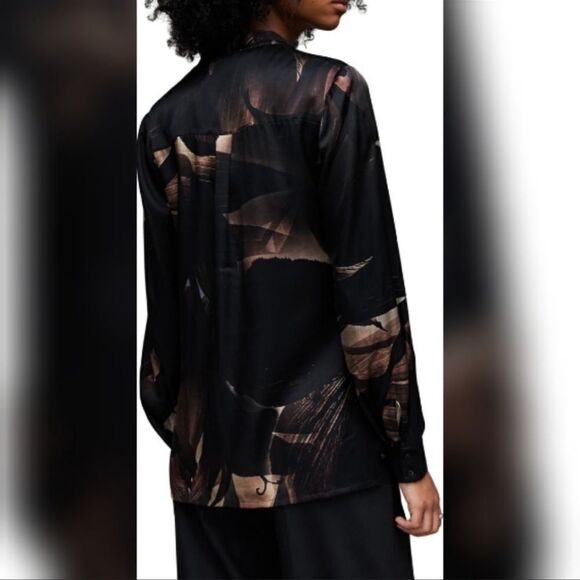 ALL SAINTS US10 Toni Iris Silk Blend Button Front Neck Tie Long Sleeve Shirt - Picture 5 of 17